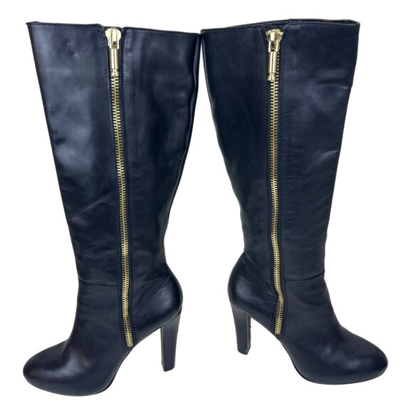 Banana Republic Women's Sz. 8M Tall Black Leather Stiletto Heeled Boots Gold Zip - Picture 2 of 16